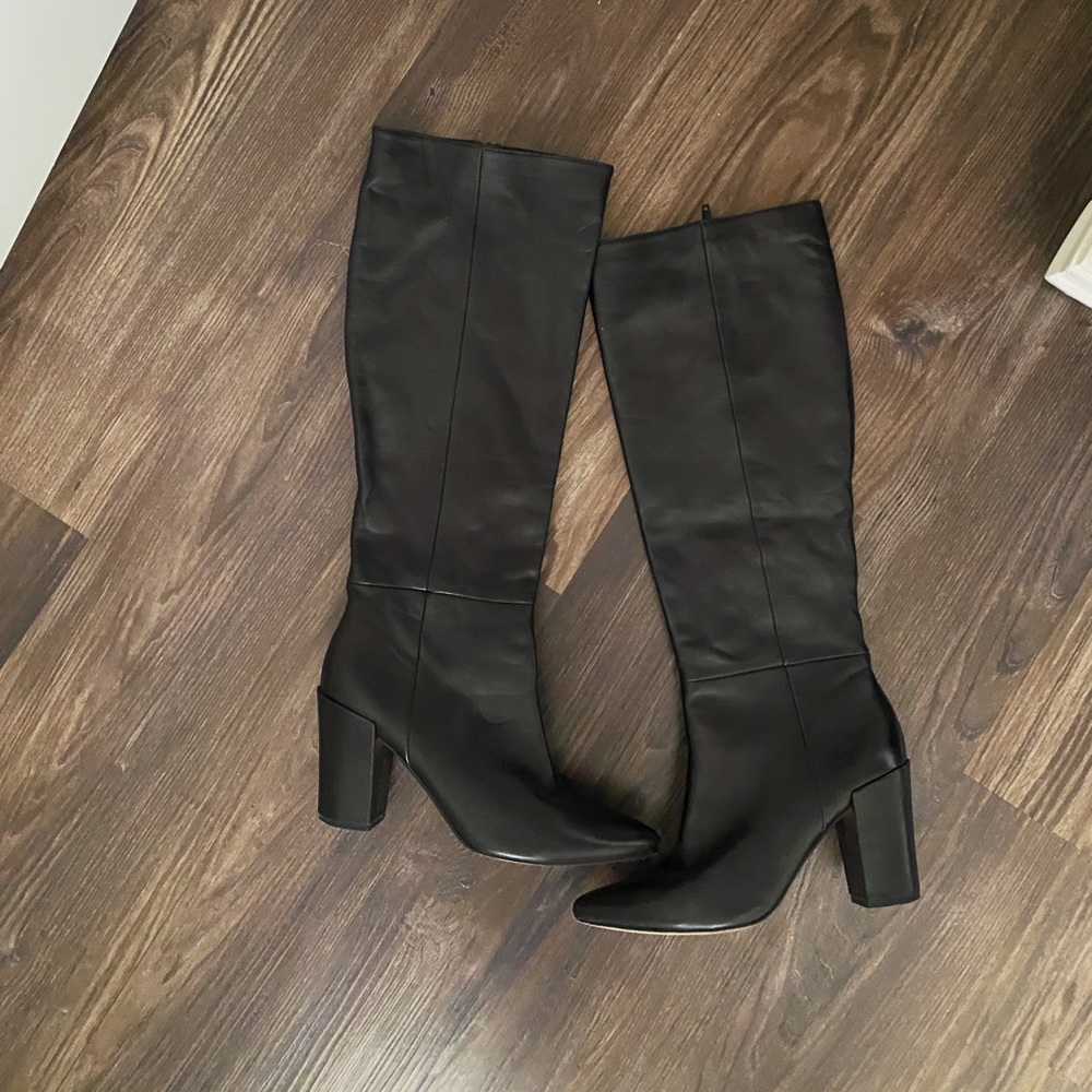 STEVEN by Steve Madden Teasr Black Leather Zip Knee High Heel Boots Size 7.5